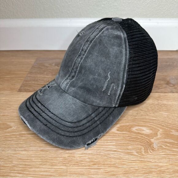 C.C Exclusives Gray Distressed Criss Cross Back Ponytail Hat - Picture 3 of 11